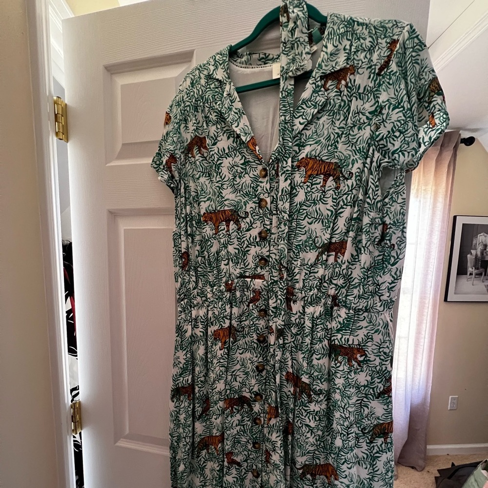 Anthropologie White and Green Tiger Print Dress
